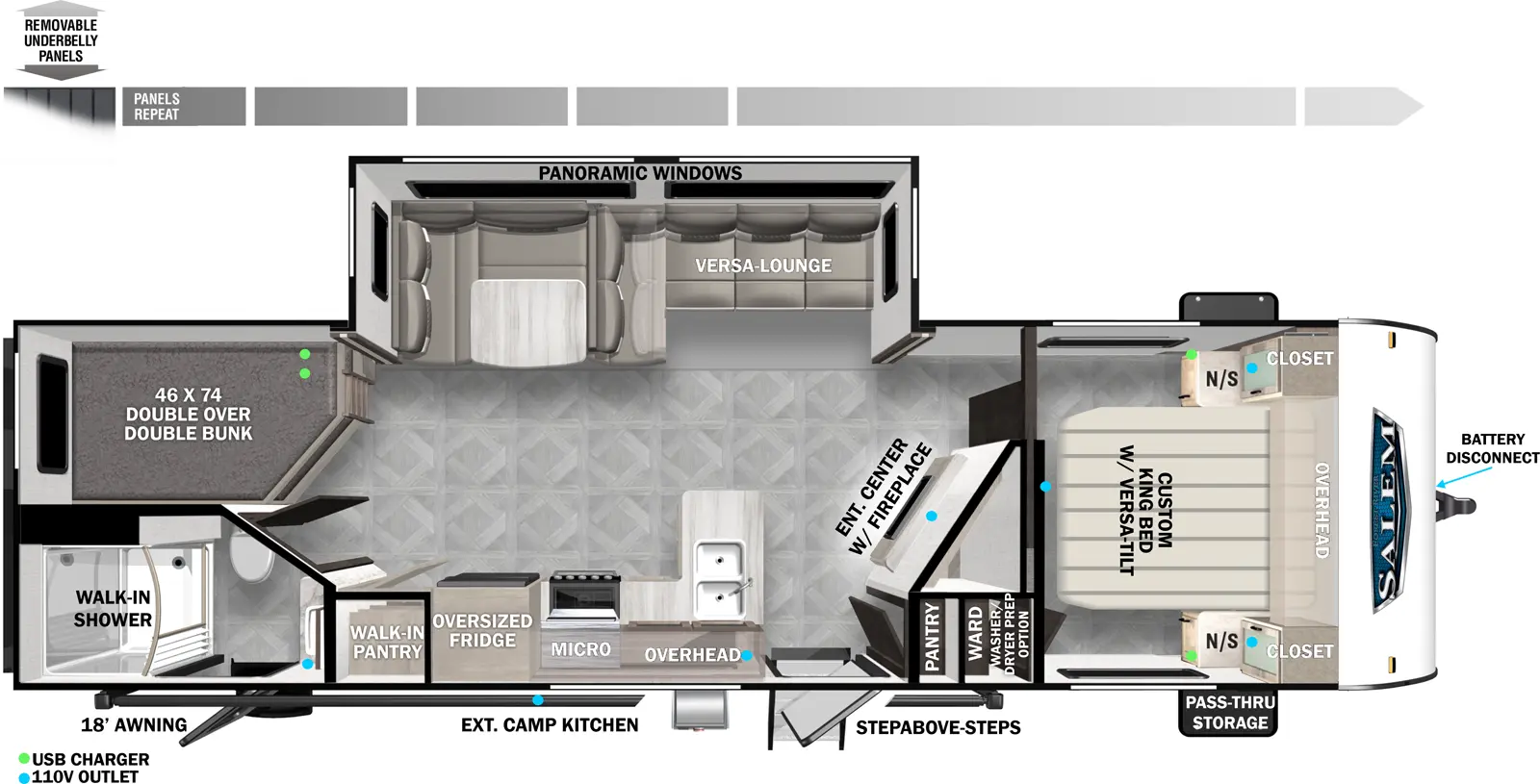 The 26DBUD has one slideout and two entries. Exterior features include an 18 foot awning, exterior camp kitchen, step above front entry steps, front pass-thru storage, battery disconnect, and removeable underbelly panels. Interior layout front to back: custom king bed with versa-tilt and closet and night stands on each side, overhead cabinet, and walk-in closet with washer/dryer prep option; entertainment center with fireplace on angled inner wall; off-door side slideout with versa lounge/u-dinette and panoramic windows; door side pantry, entry, peninsula kitchen counter with sink, overhead cabinets, microwave, oversized refrigerator, and walk-in pantry; rear off-door side double over double bunks; rear door side full bathroom with walk-in shower, and second entry.